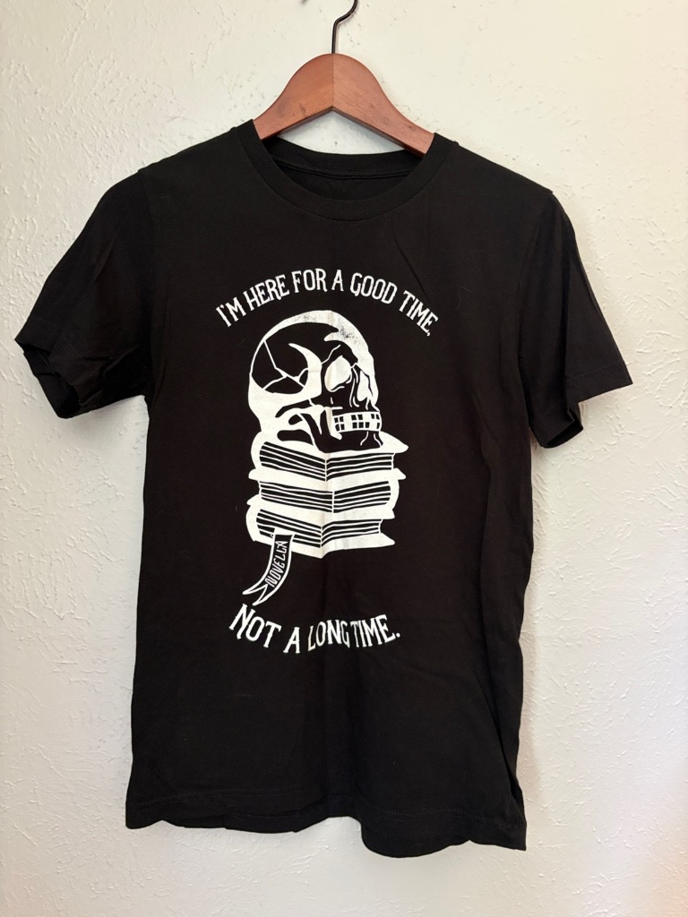 Black Graphic Skull & Books Tee - "I'm Here For A Good Time"